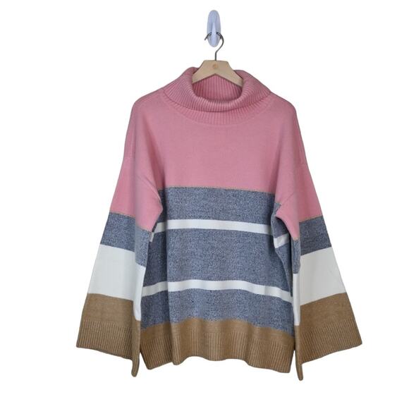 H HALSTON Womens L Stripe Cowl Neck Sweater in Pink Combo NEW - Picture 2 of 12